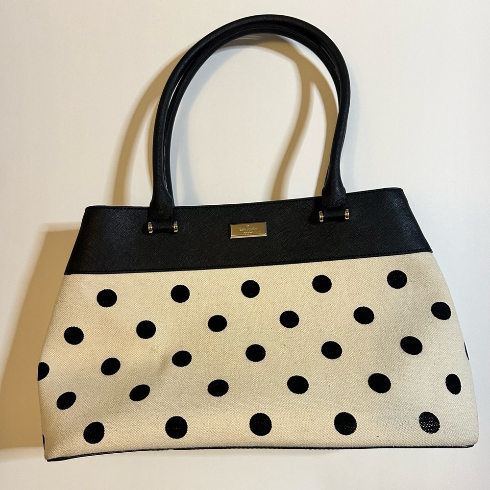 Kate Spade Black and Cream Polka Dot Canvas Leather Purse Shoulder Bag